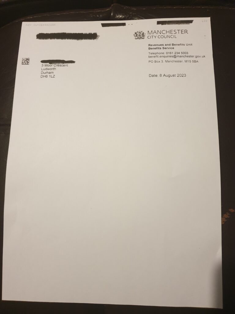 Letter from Manchester City Council Revenue and Benefits Unit dated 8 August 2023.